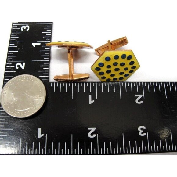 Yellow Dots Enamel Copper Cufflinks Shirt Accessories Wedding Vintage - Picture 10 of 12